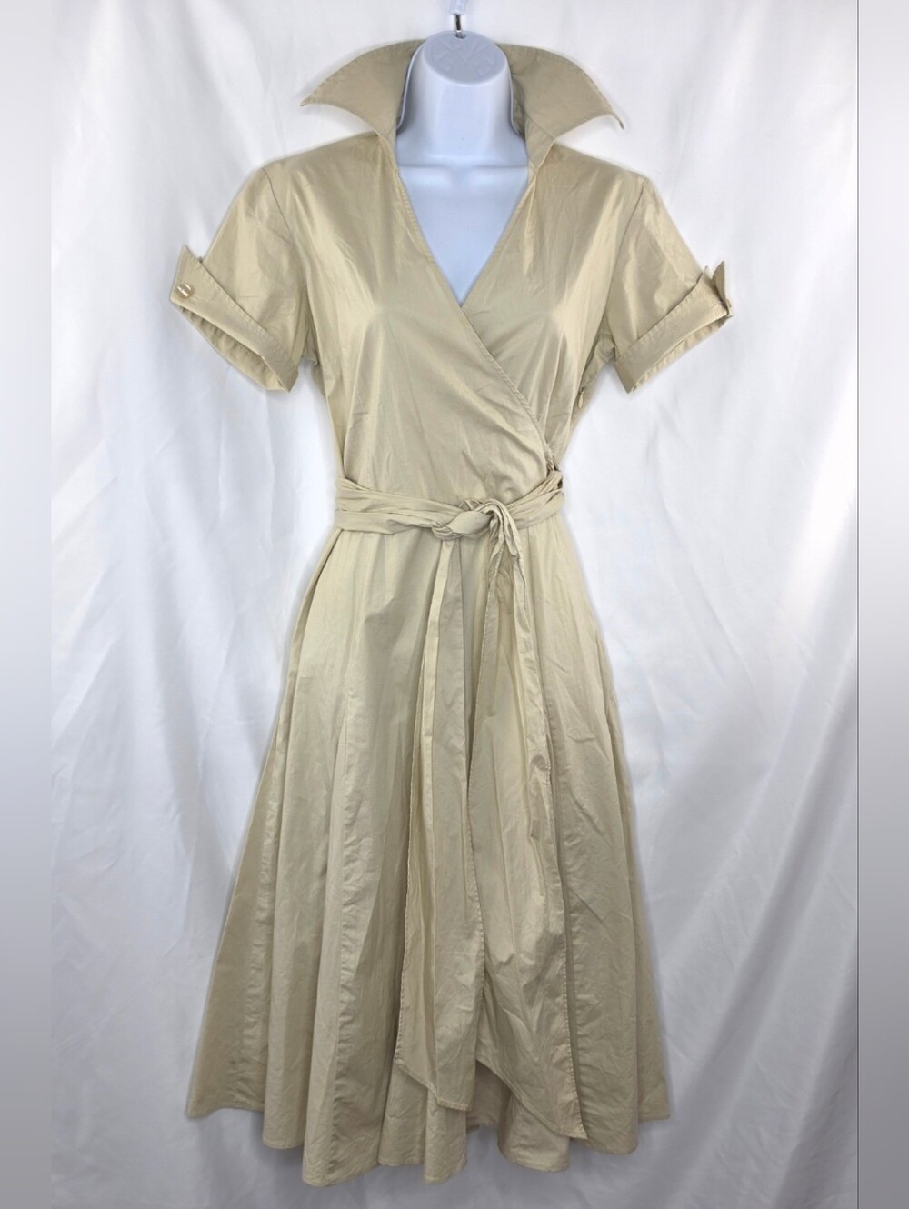 Sandro Paris Wrap Midi Dress Belted Khaki Cotton/Spandex 4094-
